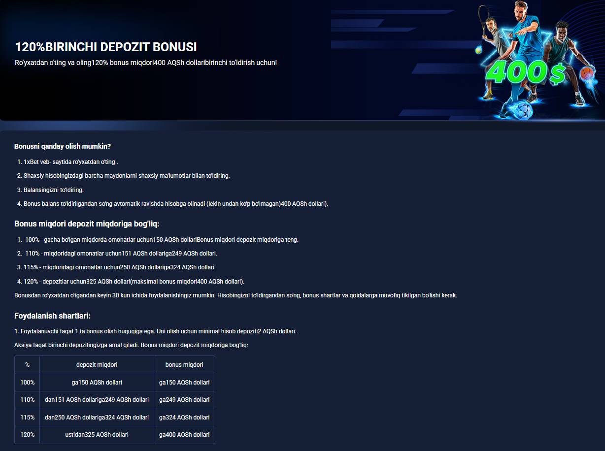1xBet bonuslari birinchi depozit uch baravar bonus balansi va xush kelibsiz takliflar