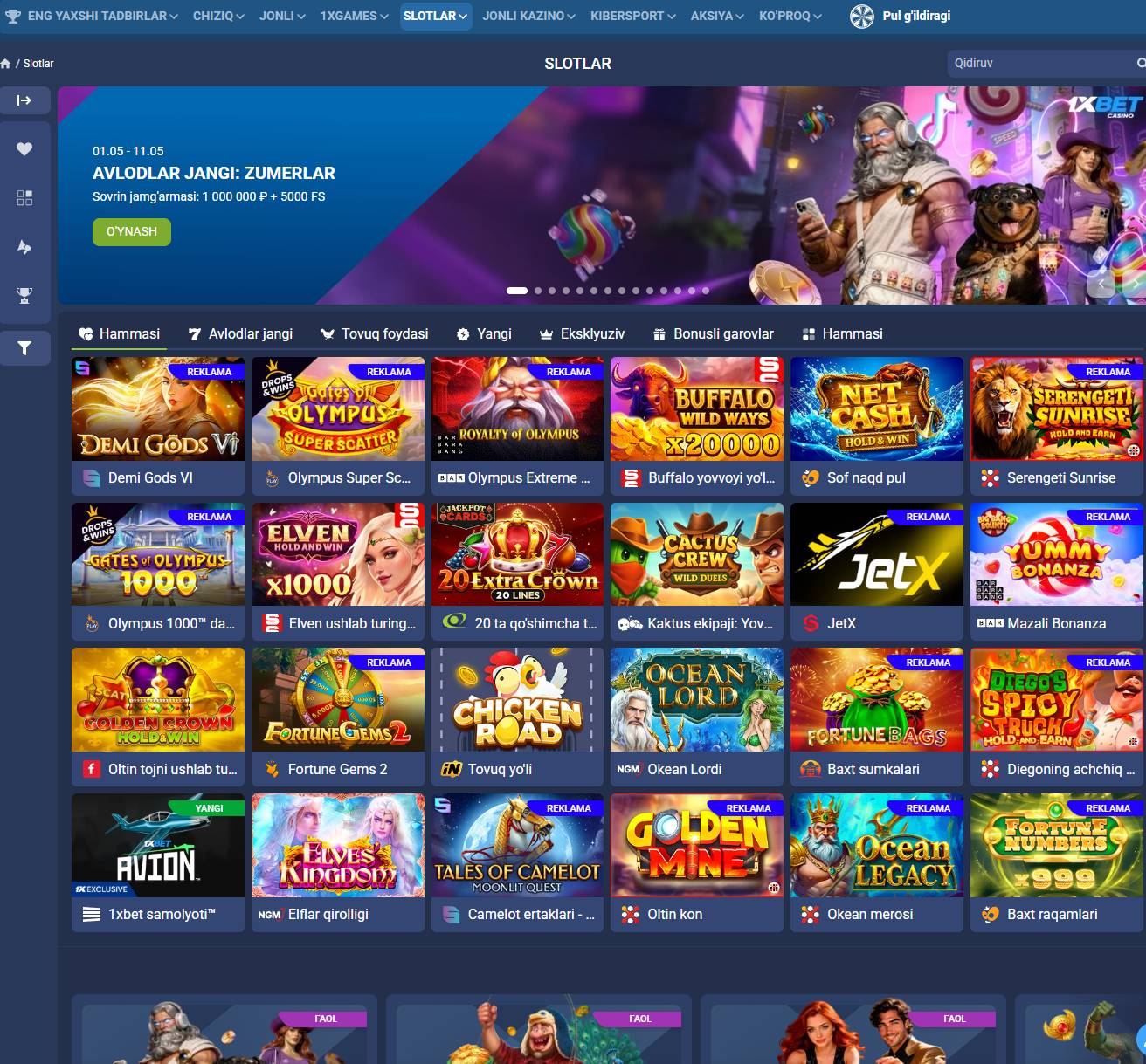 1xBet kazino slotlar ruletka turnirlar millionlab dollar sovrin va jonli o'yinlar