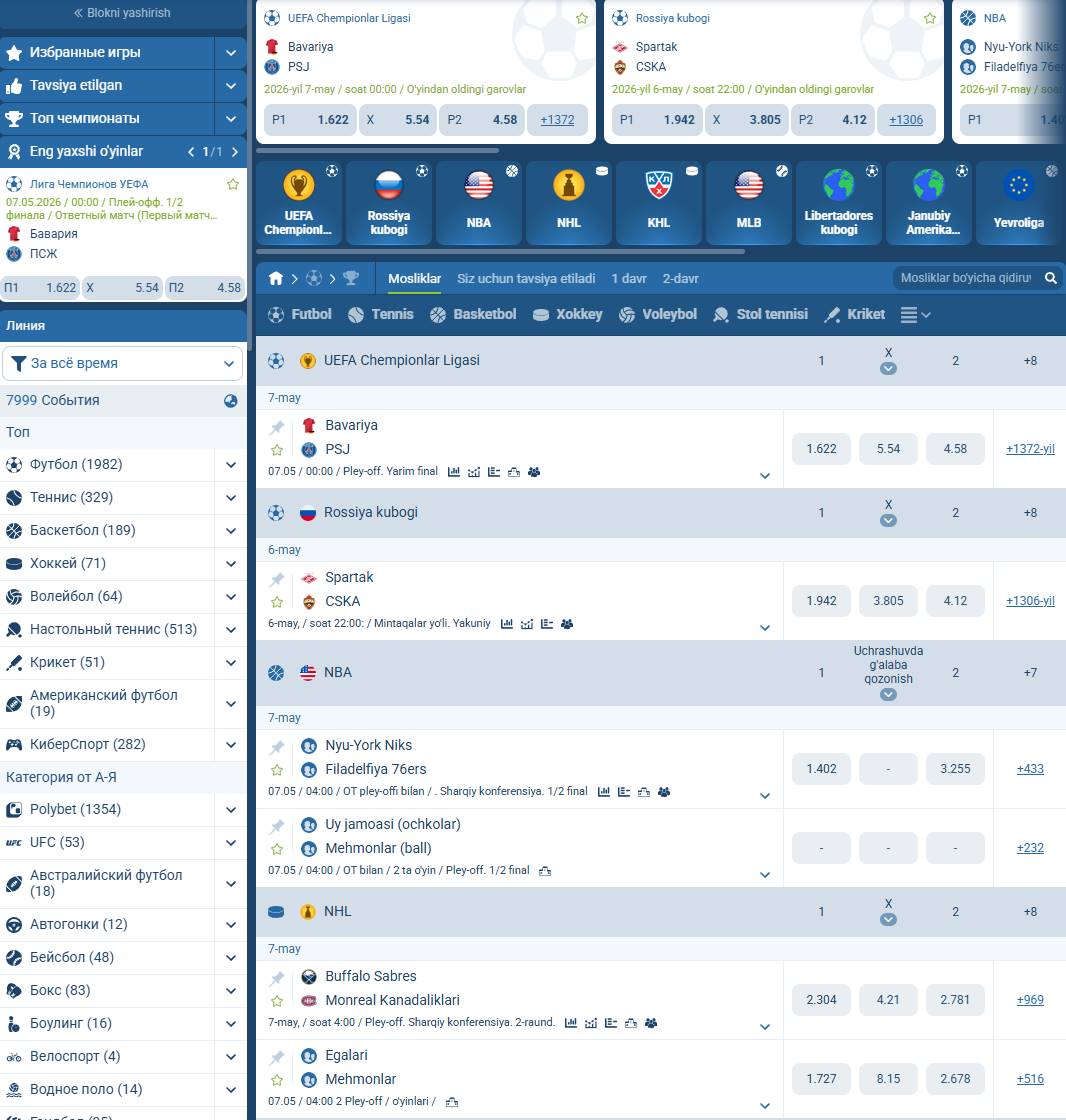 1xBet sport tikish kunlik 1000 dan ortiq o'yin futbol basketbol tennis kibersport va boshqalar